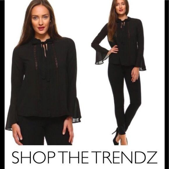 Chiffon Black Bell Sleeve Button Down Blouse - Picture 1 of 6